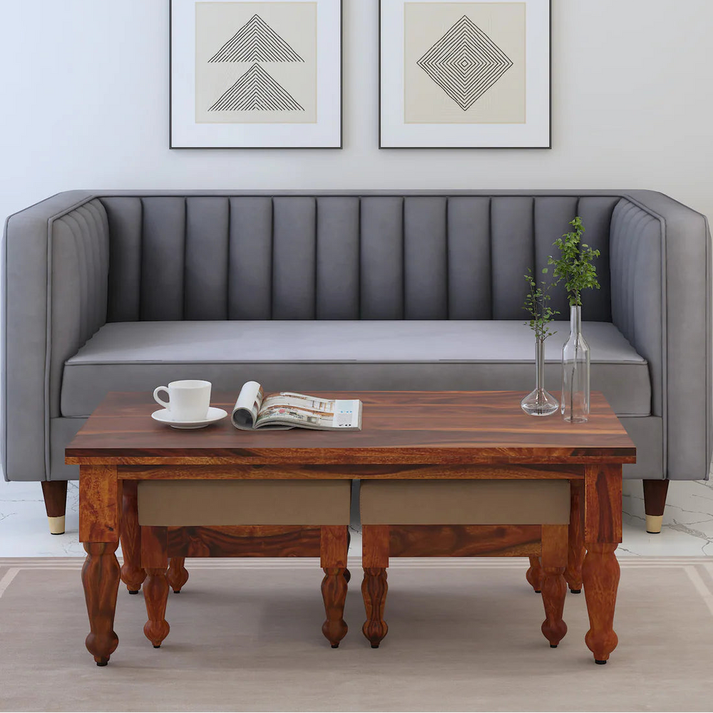 Ciramika Sheesham Wood Nesting Coffee Table Set in Honey Oak Finish With Cushioned Stools