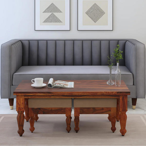 Ciramika Sheesham Wood Nesting Coffee Table Set in Honey Oak Finish With Cushioned Stools