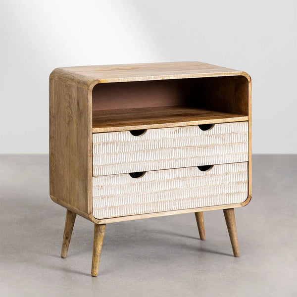 Edith Solid Mango wood Chest of Drawer With 2 Hand Carved Drawer with open shelf in Natural Finish