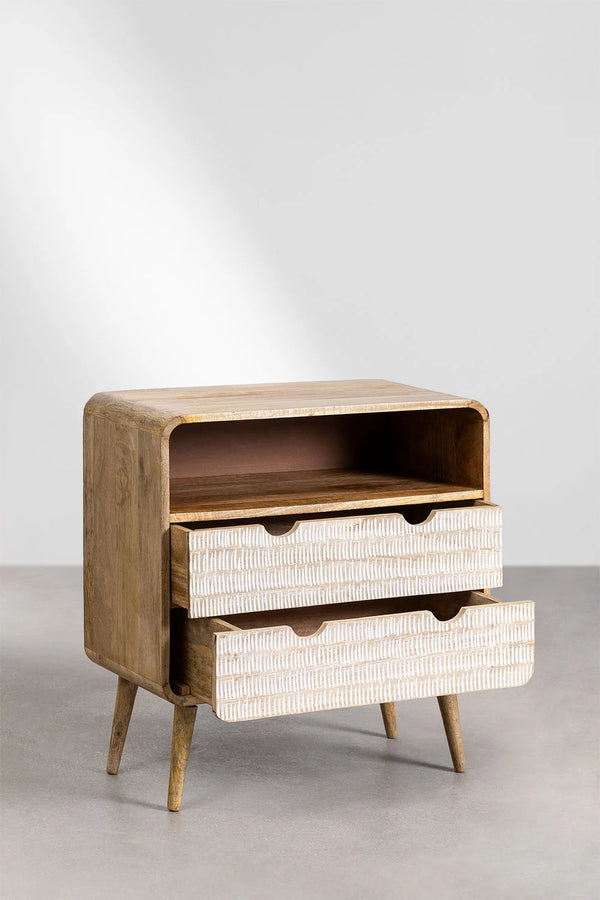 Edith Solid Mango wood Chest of Drawer With 2 Hand Carved Drawer with open shelf in Natural Finish
