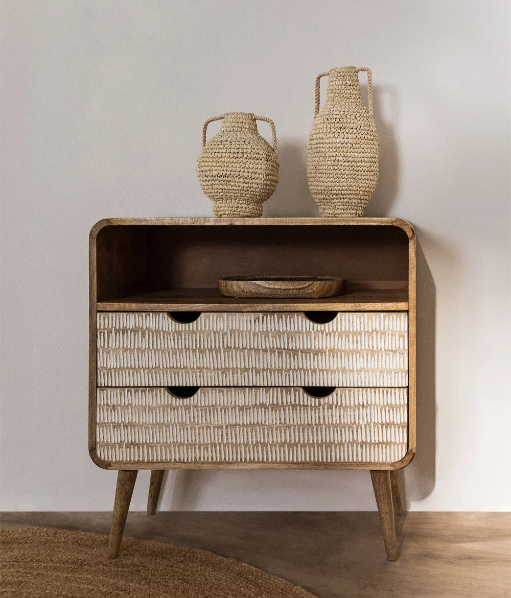 Edith Solid Mango wood Chest of Drawer With 2 Hand Carved Drawer with open shelf in Natural Finish