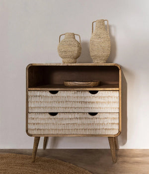 Edith Solid Mango wood Chest of Drawer With 2 Hand Carved Drawer with open shelf in Natural Finish