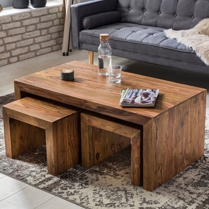 Picture of Solid Wood Sheesham Coffee Table With 2 Stools