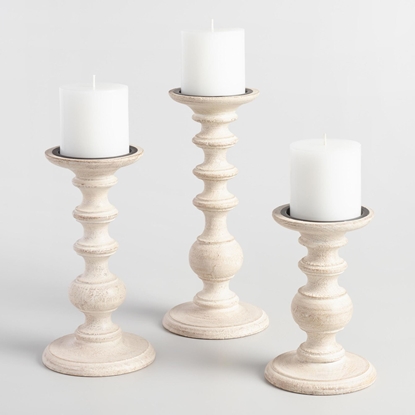 Picture of Wooden White Wood Pillar Candle holder Set of 3