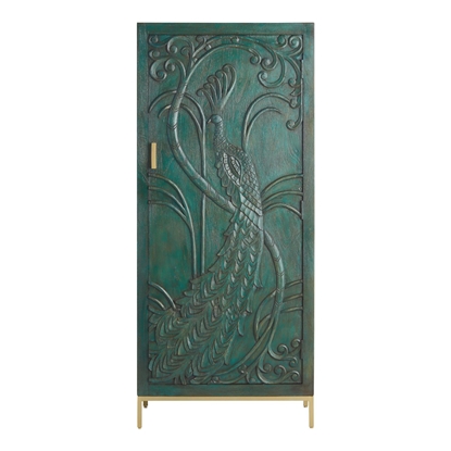 Picture of Solid Wood Storage Cabinet Carved With Peacock Design On The Door