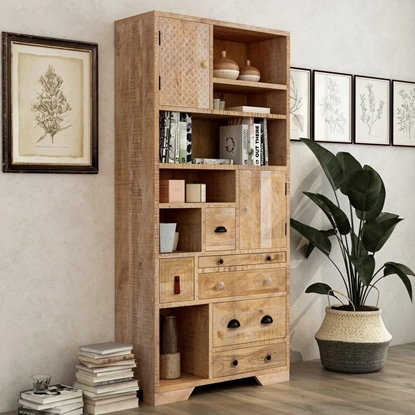 Picture of Amani 74.75 in. H Natural Mango Wood 6-Shelf Accent Bookcase with 6-Drawers