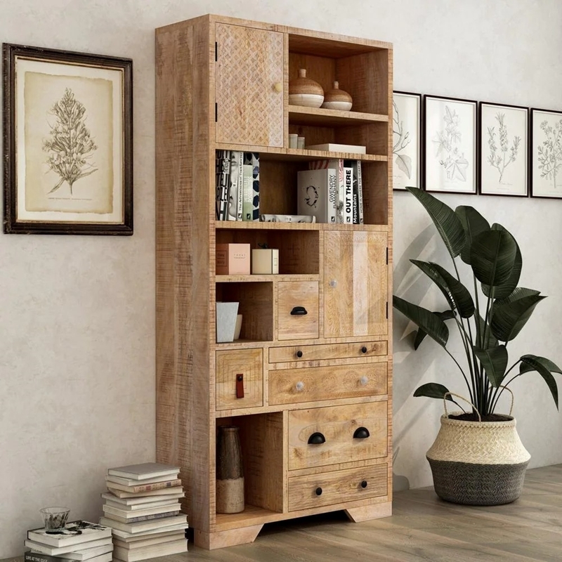 Amani 74.75 in. H Natural Mango Wood 6-Shelf Accent Bookcase with  6-Drawers-Wooden Furniture|Furniture online|Buy Wooden Furniture in  India|Furniture Store Online|Buy Furniture Online India|solid wood furniture