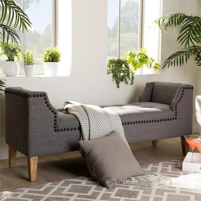 Picture of Baxton Studio Perret Tufted Linen Fabric and Wood Bench in Gray