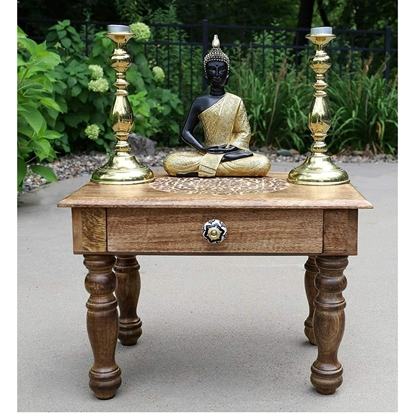 Picture of Lotus Mandala Solid Mango Wood Altar Hand Carved Puja Shrine Meditation Table