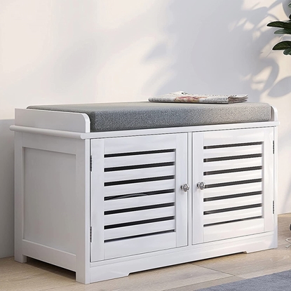Picture of Shoe Storage Benches , White Shoe Rack Bench with 2 Doors & Padded Seat Cushion in Grey Shoe Cabinet Shoe Entryway Bench with Shoe Organizer