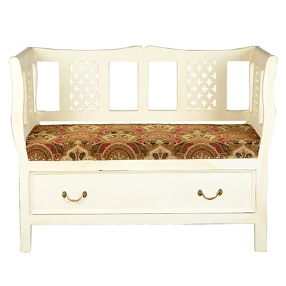 Picture of Solid Hardwood & Fabric Upholstered White Sofa Bench with Storage